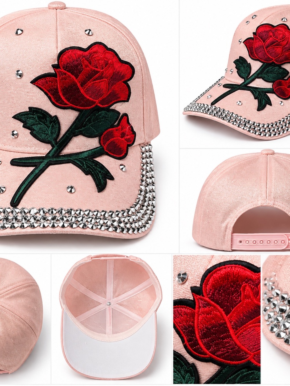 Pink Rose Embroidered Rhinestone Bling Baseball Cap
